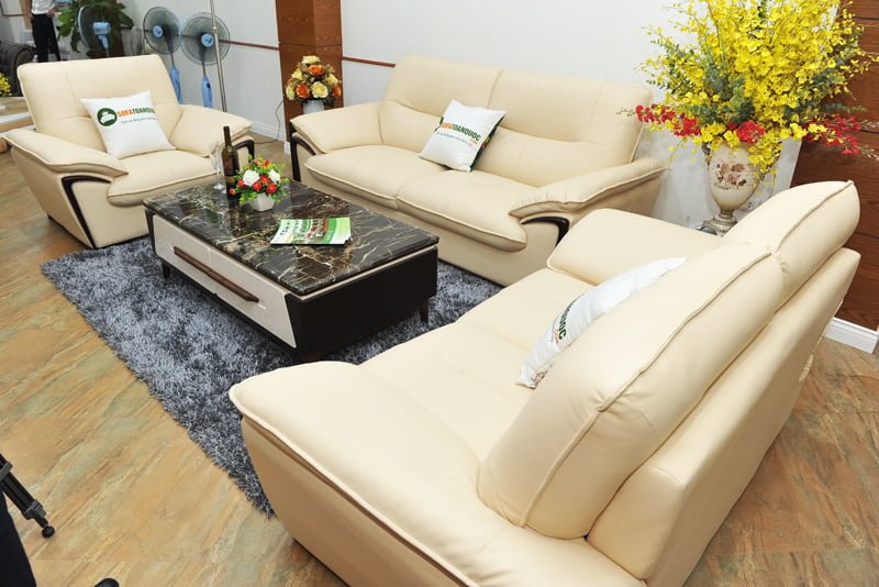 bộ ghế sofa bọc da màu kem 1-2-2