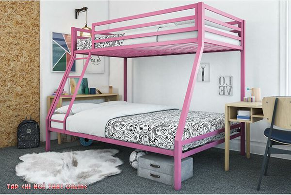 giường tầng màu hồng khung sắt